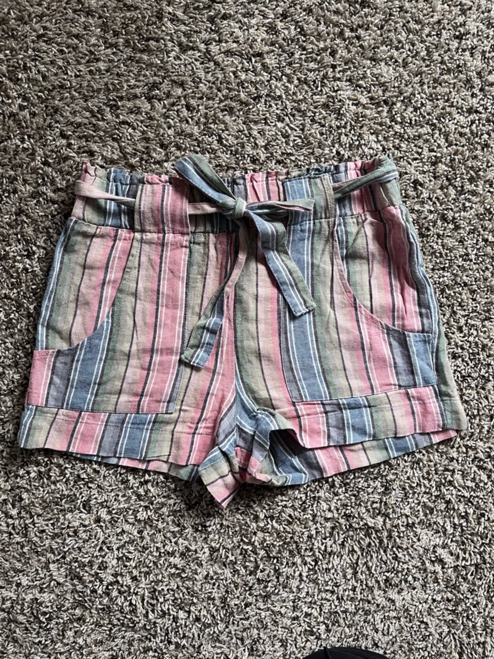 Banjara Striped Linen Blend Paperbag Waist Shorts Pink Blue‎ Green Medium